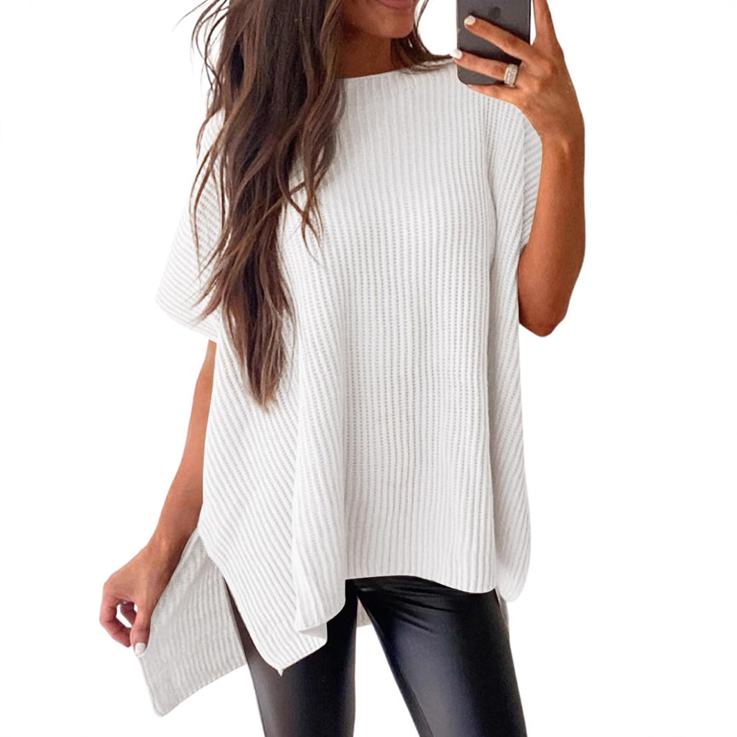 Oversized Ribbed Knit Top Women - Short Sleeve Side Slit Summer Tee
