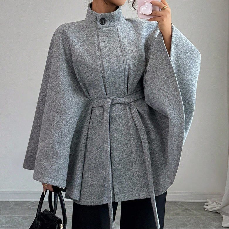 Women's Cape Sleeve Slim Fit Stand Collar Wool Coat