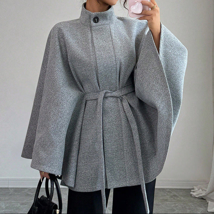 Women's Cape Sleeve Slim Fit Stand Collar Wool Coat