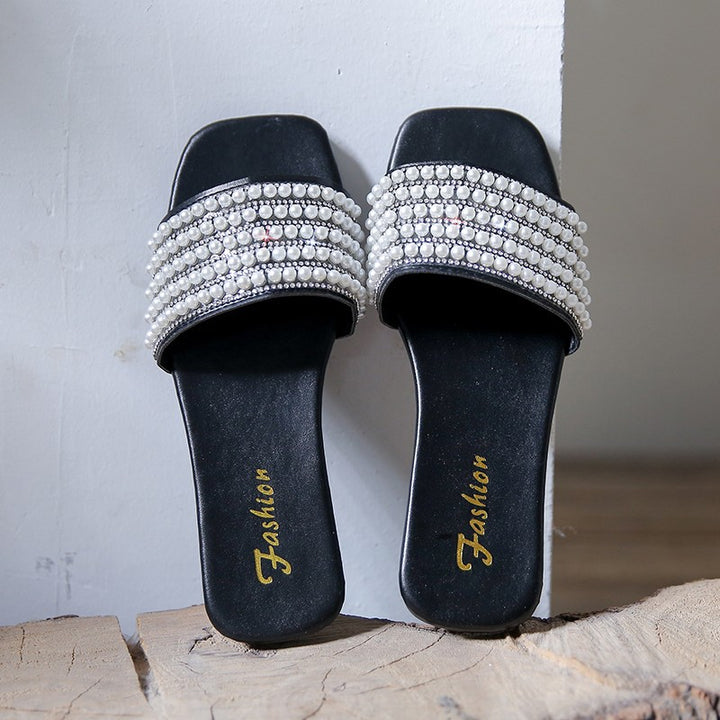 Pearl Slide Sandals Women - Flat Rhinestone Embellished Summer Slides
