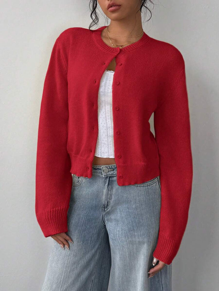 Women's Cropped Knit Button Up Crew Neck Cardigan