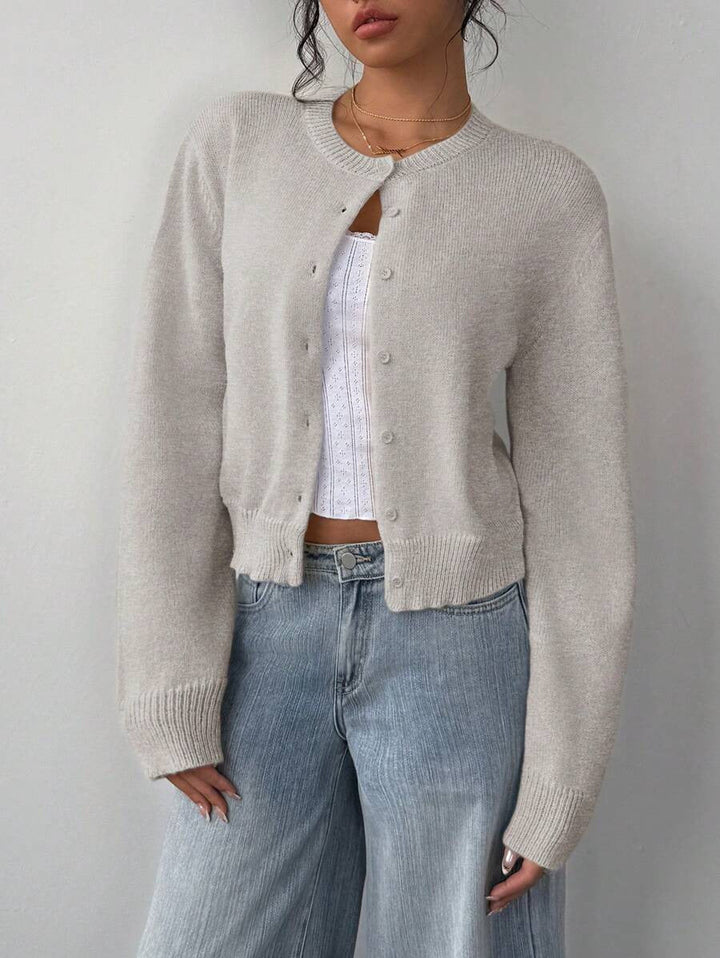 Women's Cropped Knit Button Up Crew Neck Cardigan