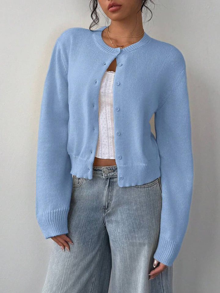 Women's Cropped Knit Button Up Crew Neck Cardigan