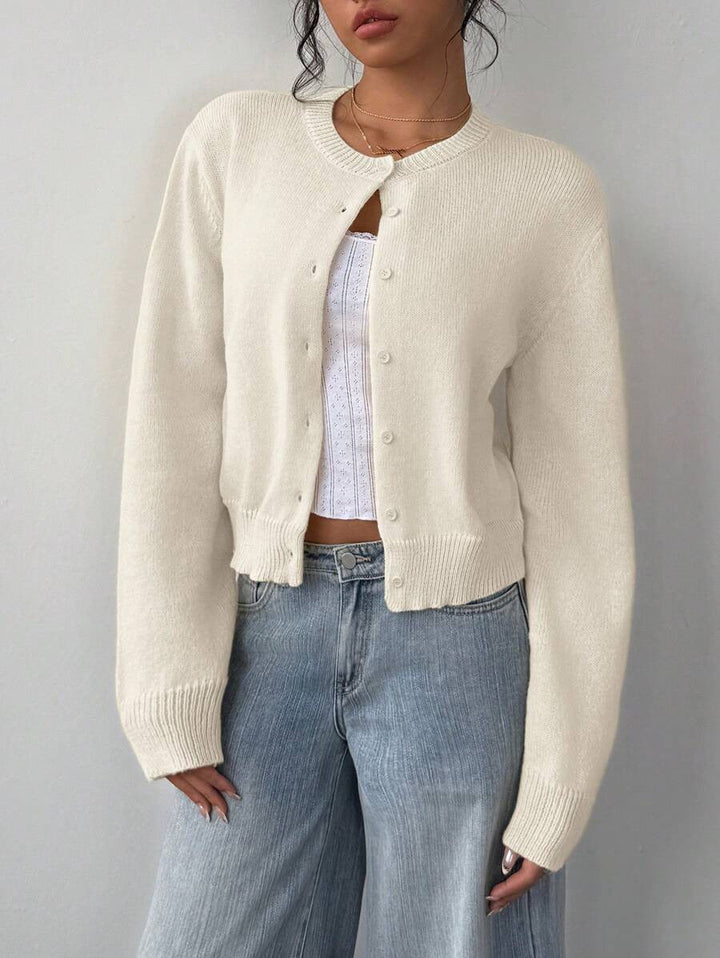 Women's Cropped Knit Button Up Crew Neck Cardigan