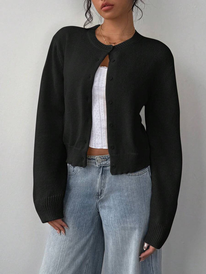 Women's Cropped Knit Button Up Crew Neck Cardigan
