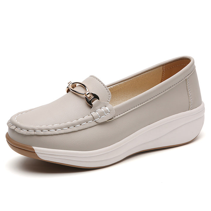 Platform Loafers Women - Slip On Wedge Moccasin with Buckle Detail