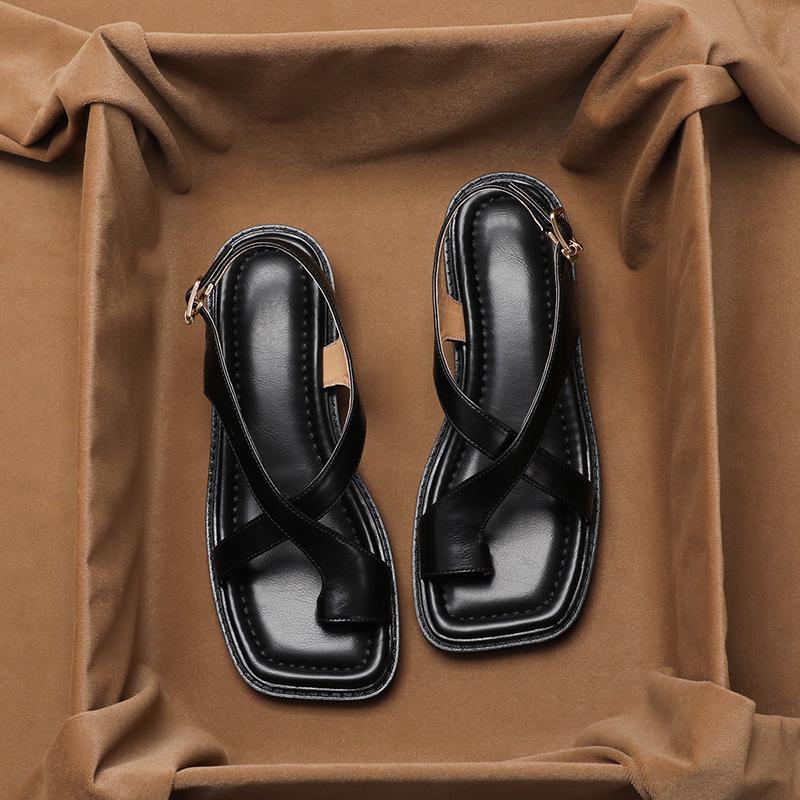 Crossover Strap Sandals Women - Flat French Style Slingback Toe Loop Summer Sandals