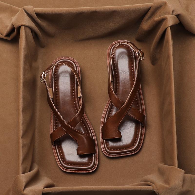 Crossover Strap Sandals Women - Flat French Style Slingback Toe Loop Summer Sandals