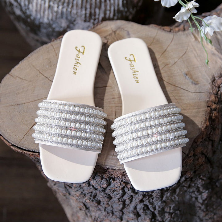 Pearl Slide Sandals Women - Flat Rhinestone Embellished Summer Slides
