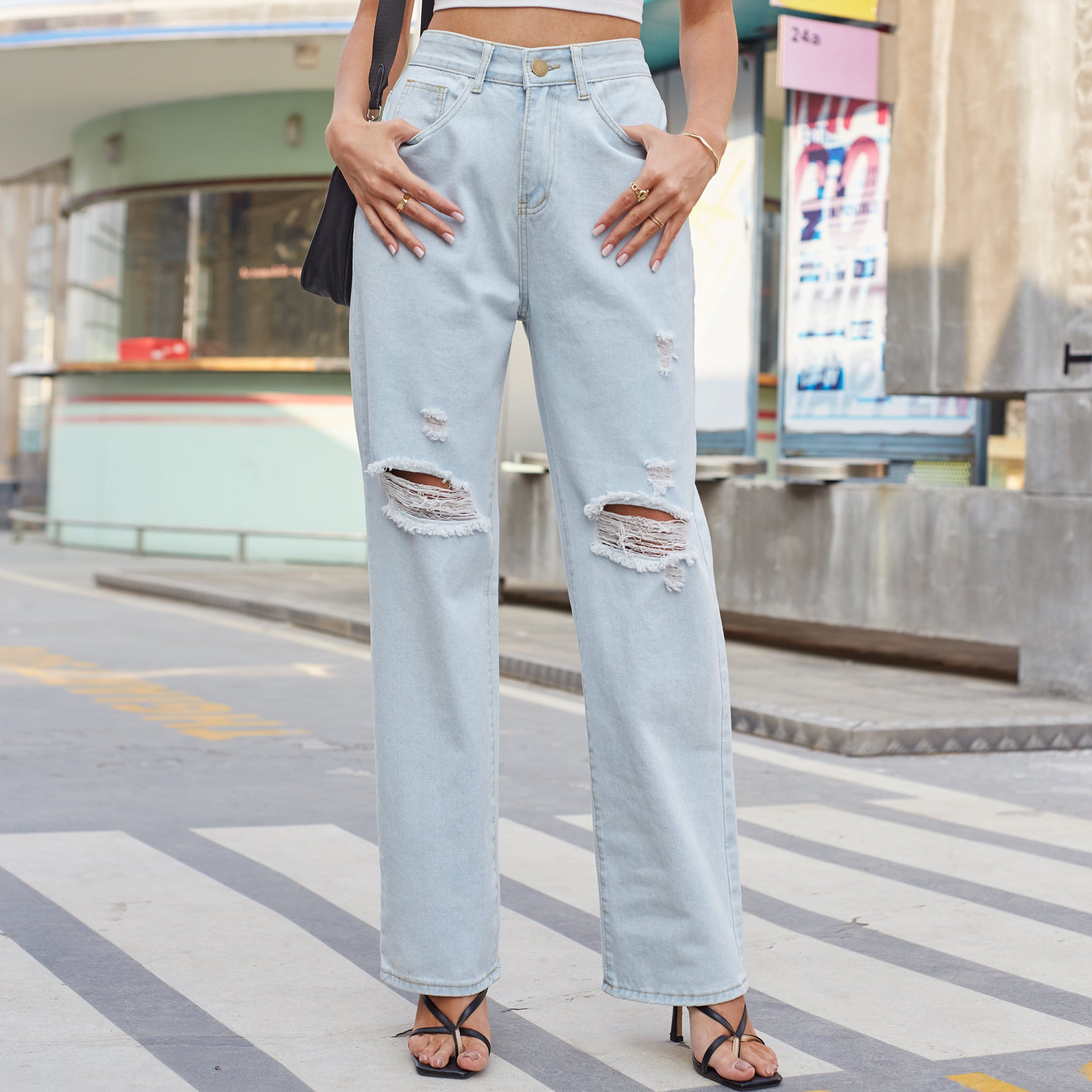 Ripped Jeans - High Waist Straight Leg Distressed