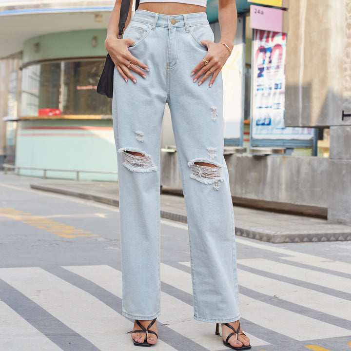 Ripped Jeans - High Waist Straight Leg Distressed